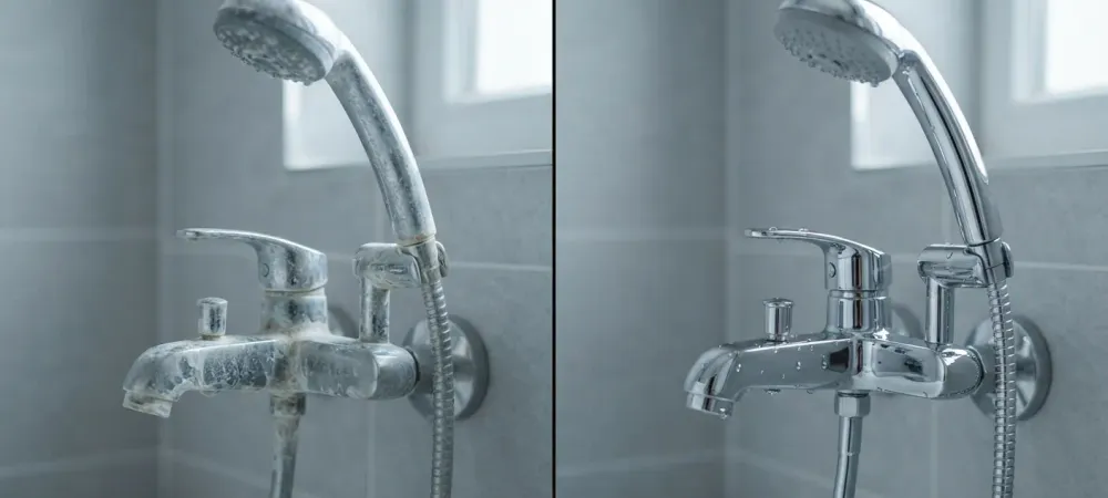 Chrome bathroom faucet and showerhead with heavy limescale beside the same fixtures cleaned after water softening